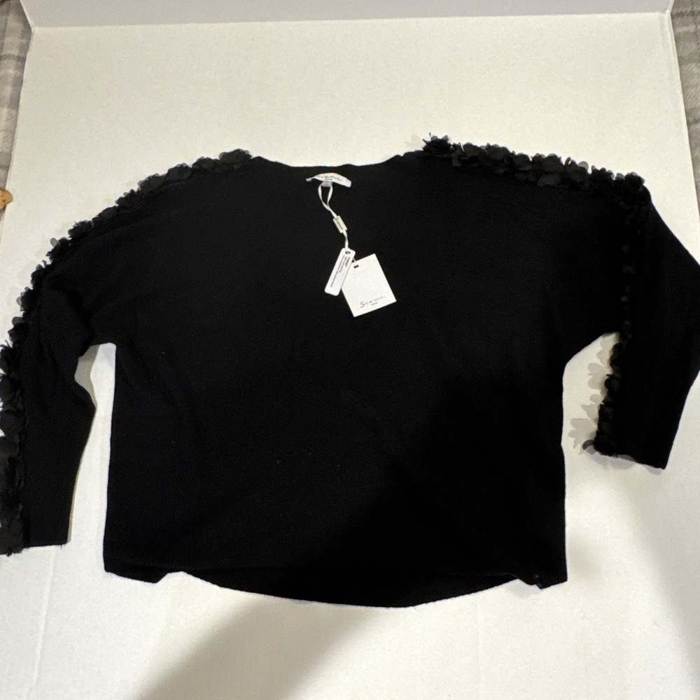 Sioni Milano Sweater Womens L Sleeve Black Floral Embell Whimsical Witchy Goth